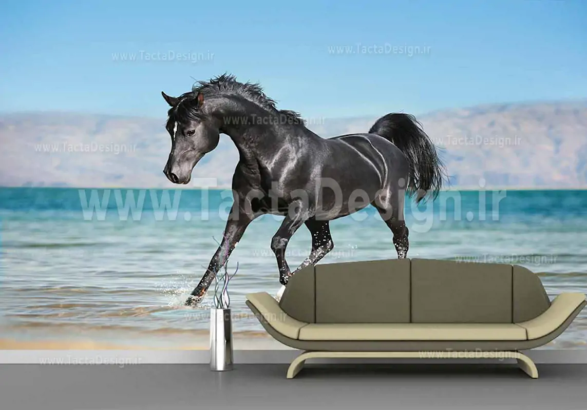 یک اسب مشکی زیبا در حال دویدن در ساحل