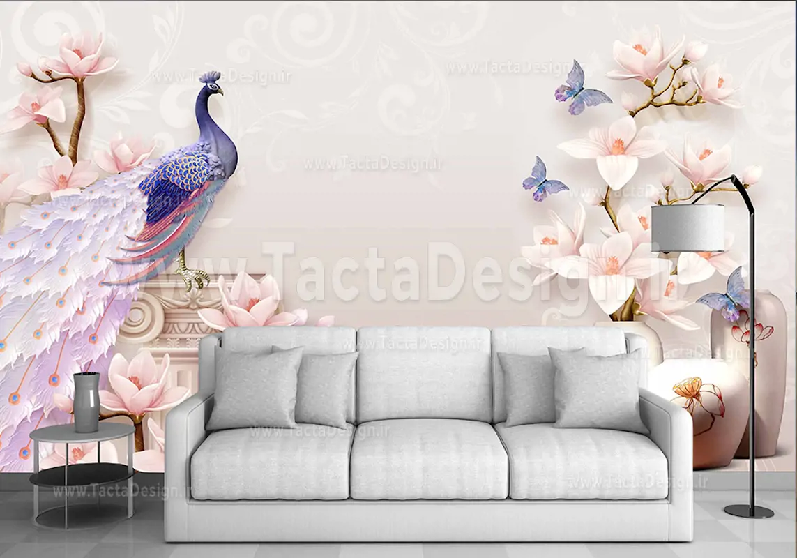 طاووس نر بنفش نشسته بر روی ستون درکنار گل های سفید و صورتی