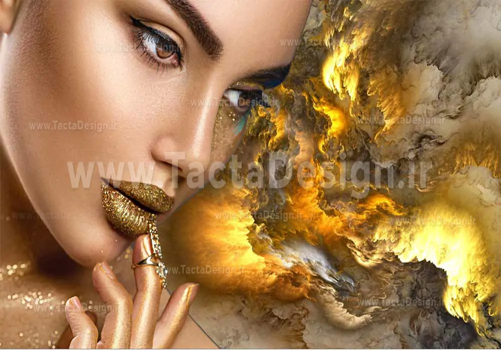 چهره یک زن با میکاپ طلایی همراه با بکگراند سنگی