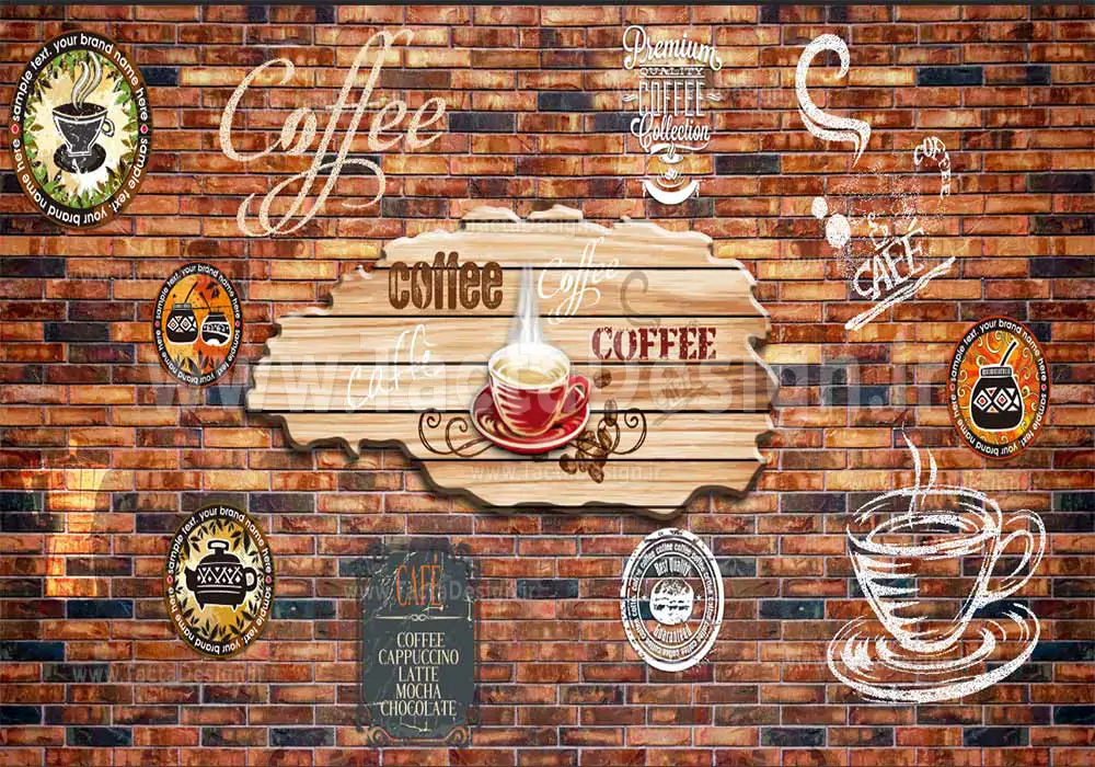 فنجان های قهوه در کنار تایپوگرافی کافه همراه با بکگراند دیوار آجری