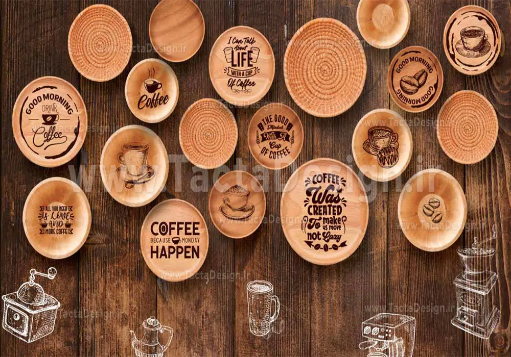 تایپو گرافی های مربوط به کافه و قهوه درون بشقاب های چوبی