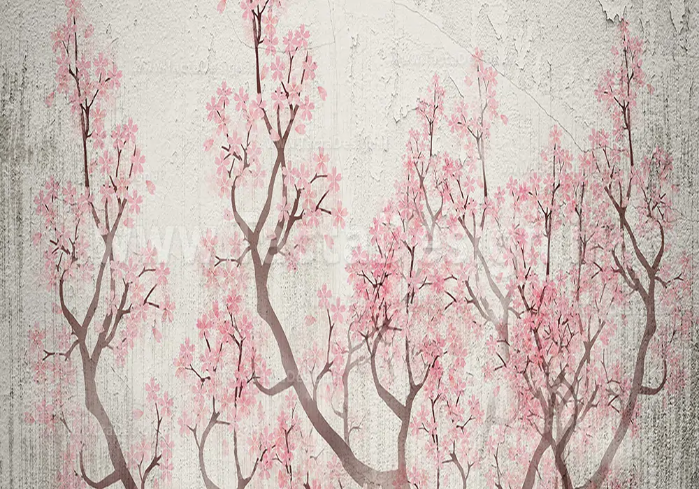نقاشی شکوفه صورتی با شاخه قهوه ای 