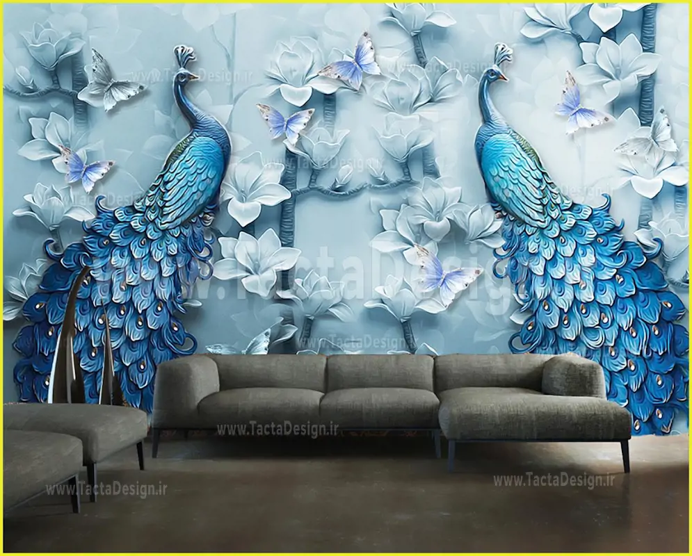 طاووس های زیبای آبی بر روی گل های سفید با شاخه مشکی
