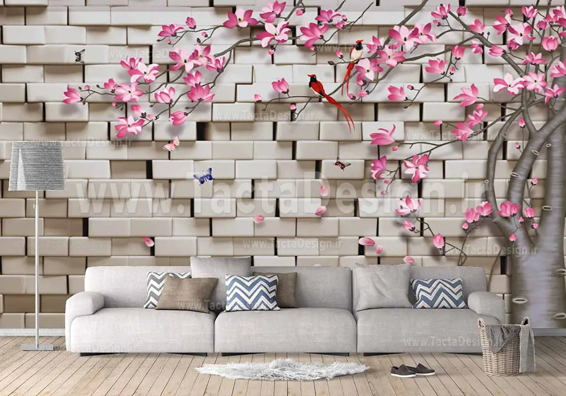 درخت با شکوفه های صورتی با بکگراند دیوار سه بعدی
