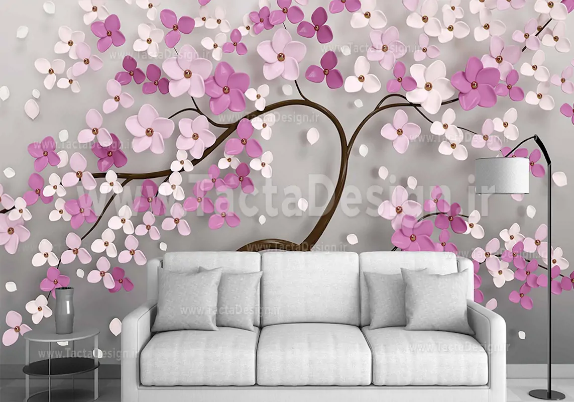 تک درخت با شکوفه های سفید صورتی و بنفش