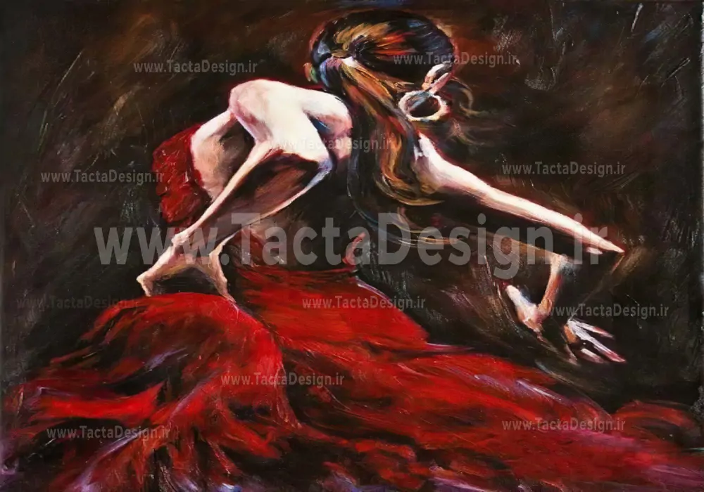 نقاشی زنی با لباس قرمز از زاویه پشت