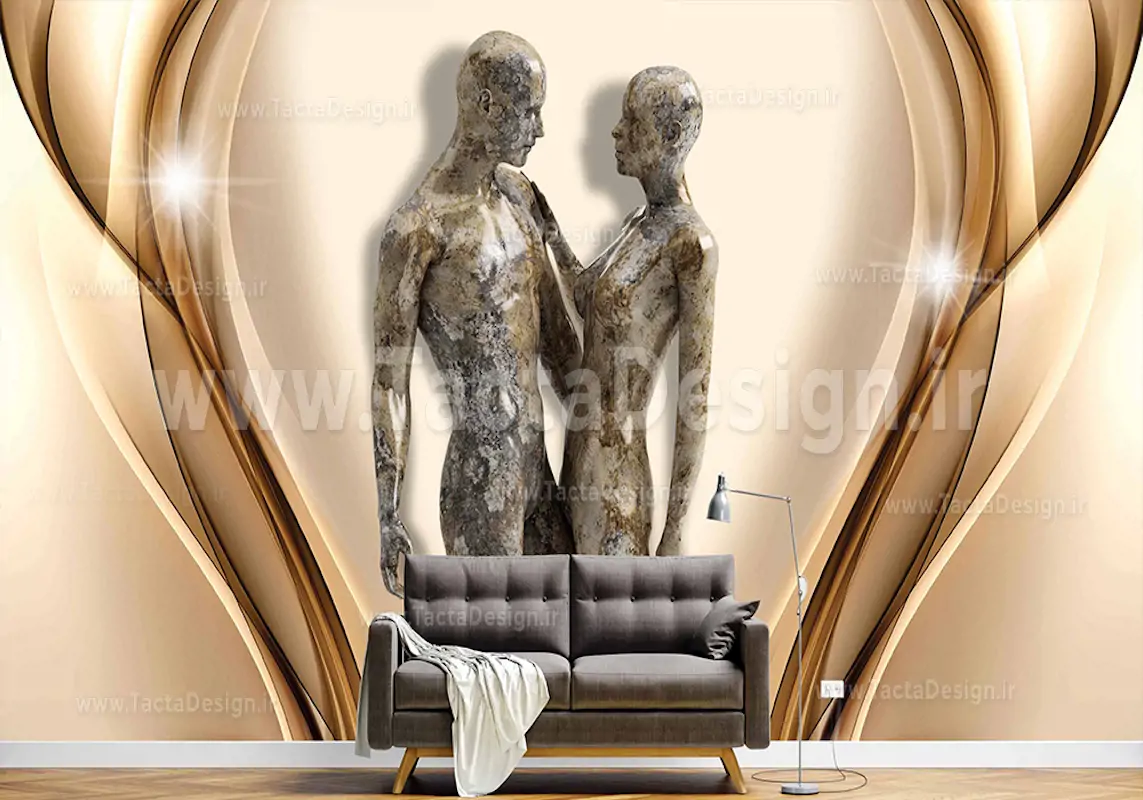 مجسمه زن و مرد سنگی در آغوش هم در کنار حاله های نور طلایی