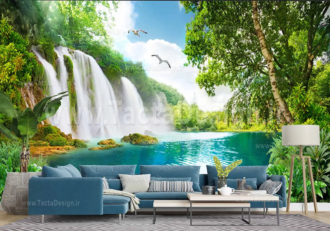 آبشار های زیبا در کنار هم در کنار دریاچه و درختان