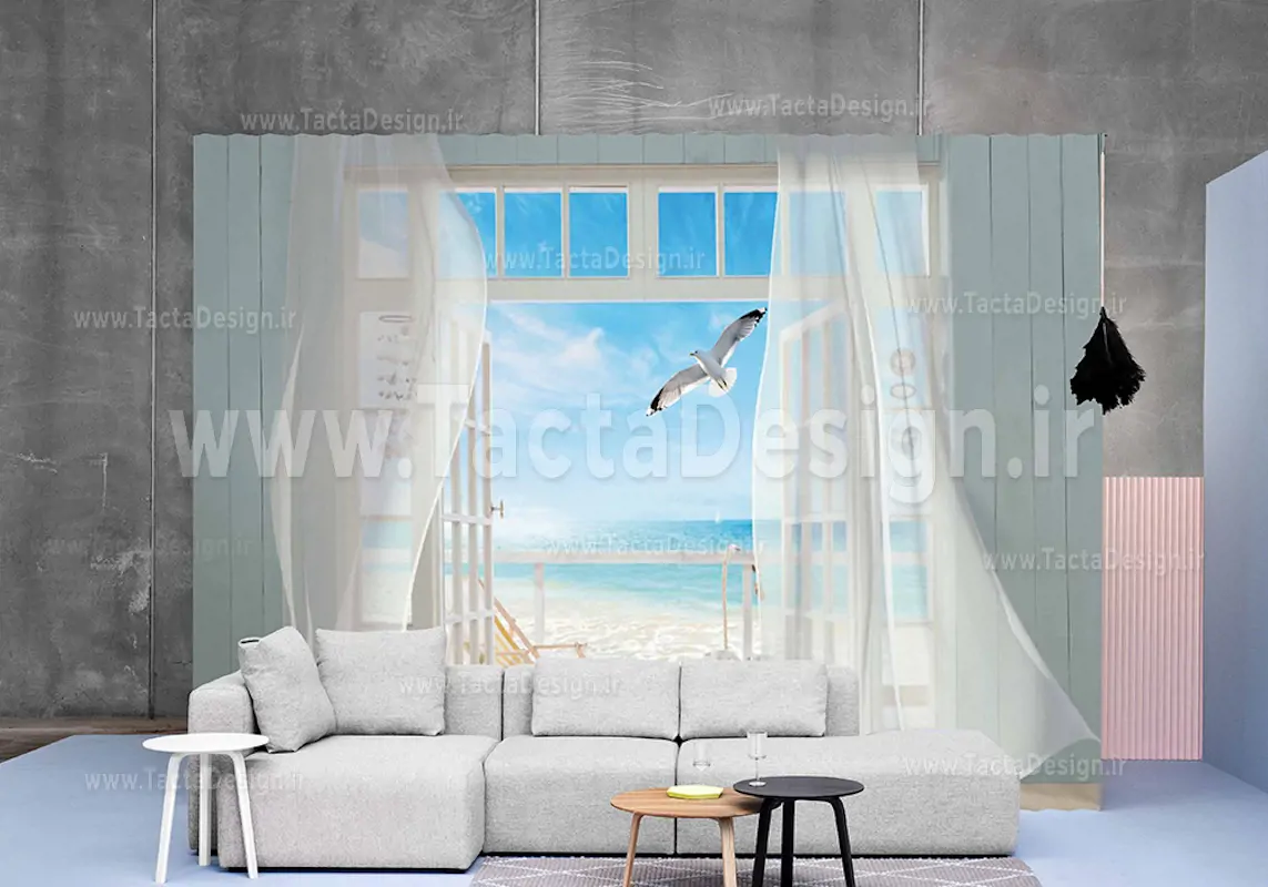پنجر ای روبه ساحل با پرده سفید در کنار مرغ دریایی