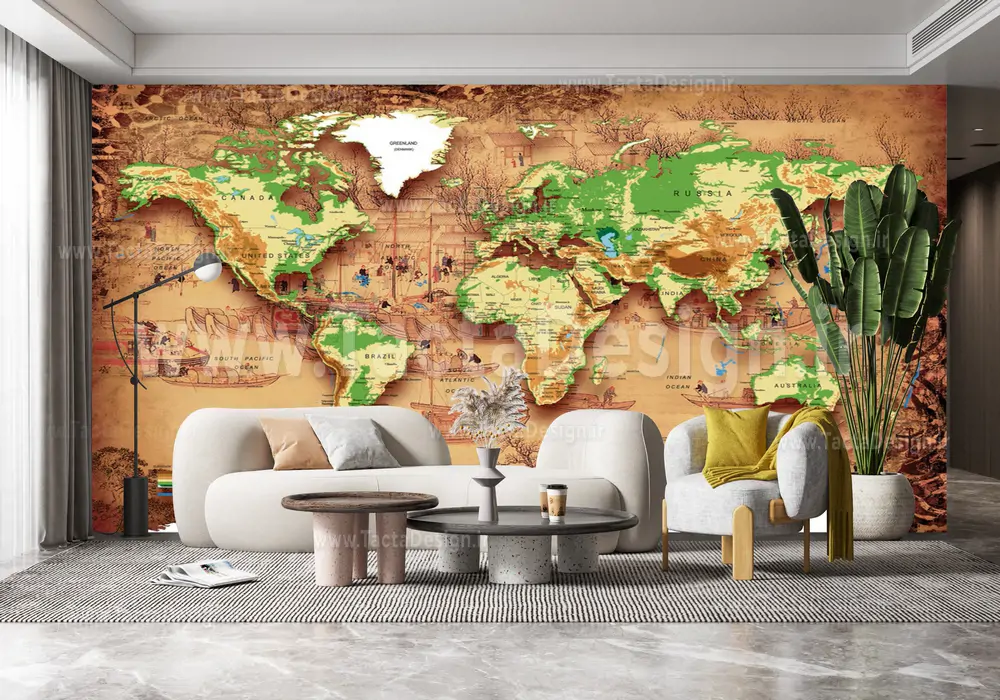 نقشه جهان همراه با بکگراند منظره دریاچه و قایق