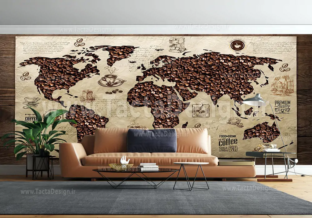 نقشه جهان به صورت قهوه همراه با بکگراند قهوه و انواع نوشیدنی