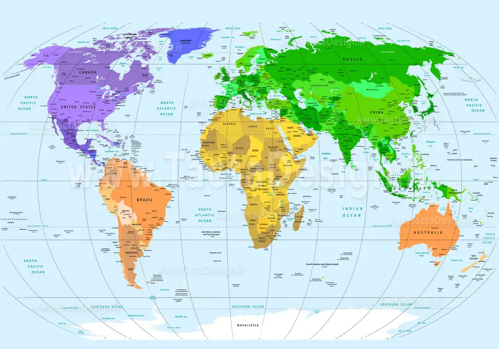 نقشه جهان با قاره های تفکیک شده توسط رنگ