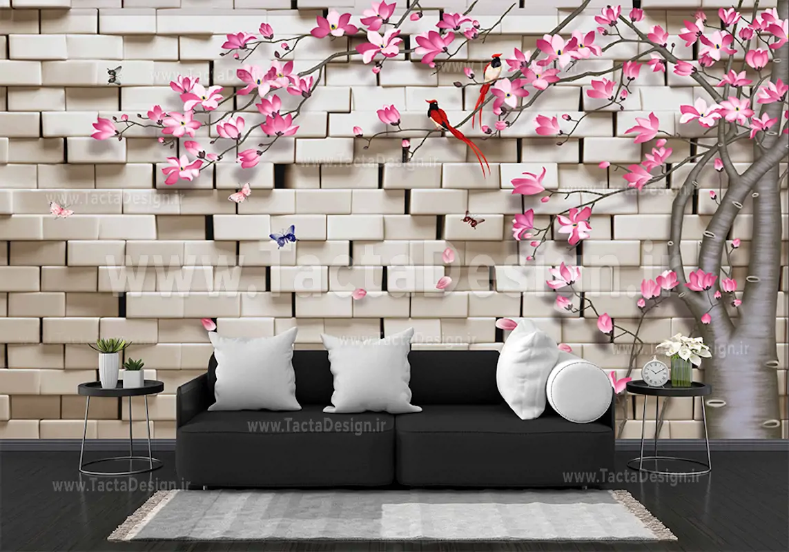 درختی با شکوفه های صورتی همراه با بکگراند آجر های سه بعدی