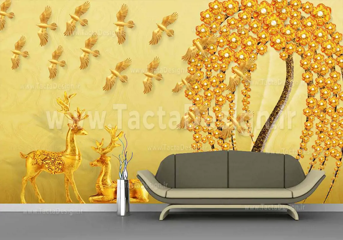 گوزن های نر و ماده طلایی درکنار درختی با گل های طلایی در کنار پرندگان