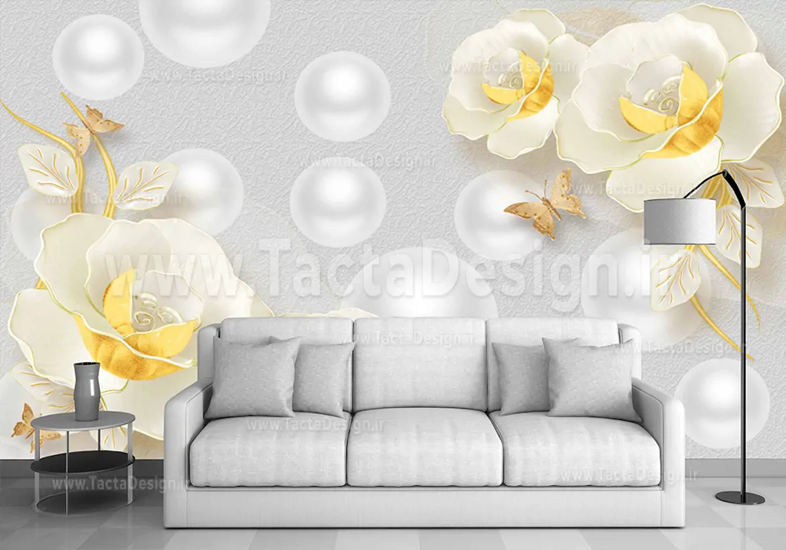 گل های کرمی و زرد در کنار گویی های سه بعدی سفید