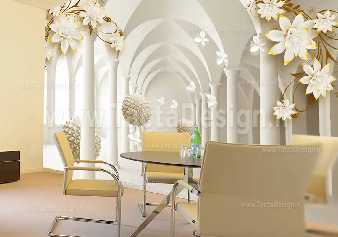 گل های سفید و زرد در کنار گویی های سه بعدی کرمی با بکگراند تالار پر از ستون
