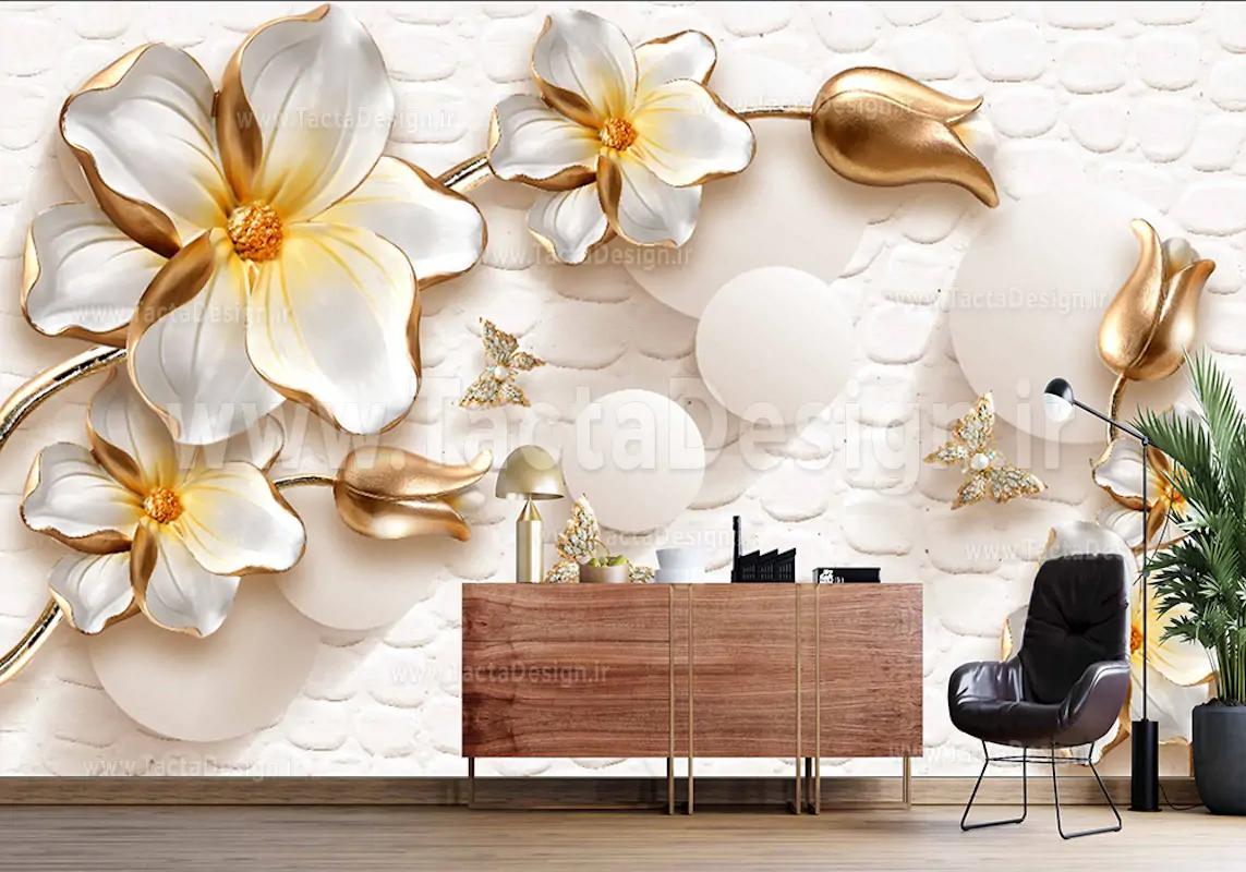گل های کرمی و زرد درکنار گویی های سه بعدی سفید همراه با بکگراند دیوار سفید