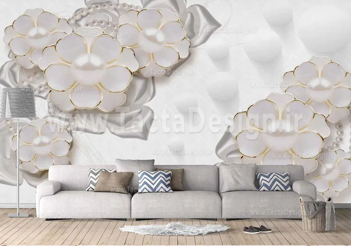 گل های سفید و طلایی در کنار گویی های سفید سه بعدی 