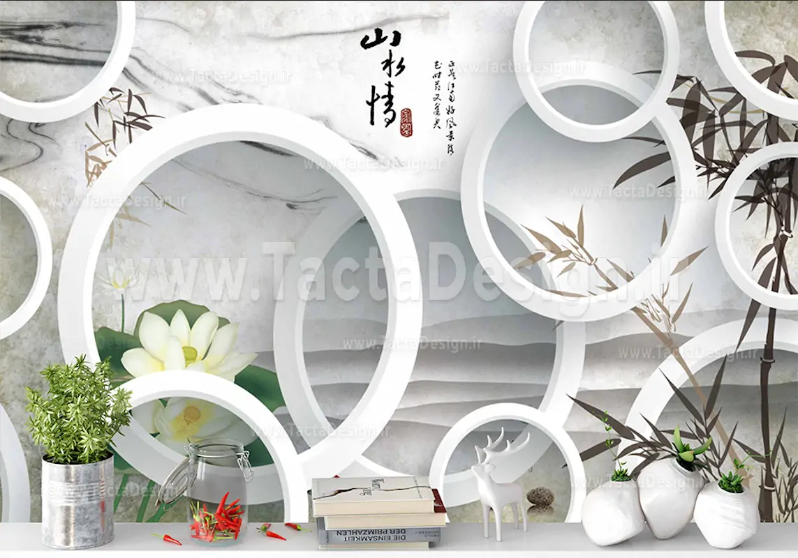 حلقه های سفید سه بعدی همراه با بکگراند نقاشی چینی 